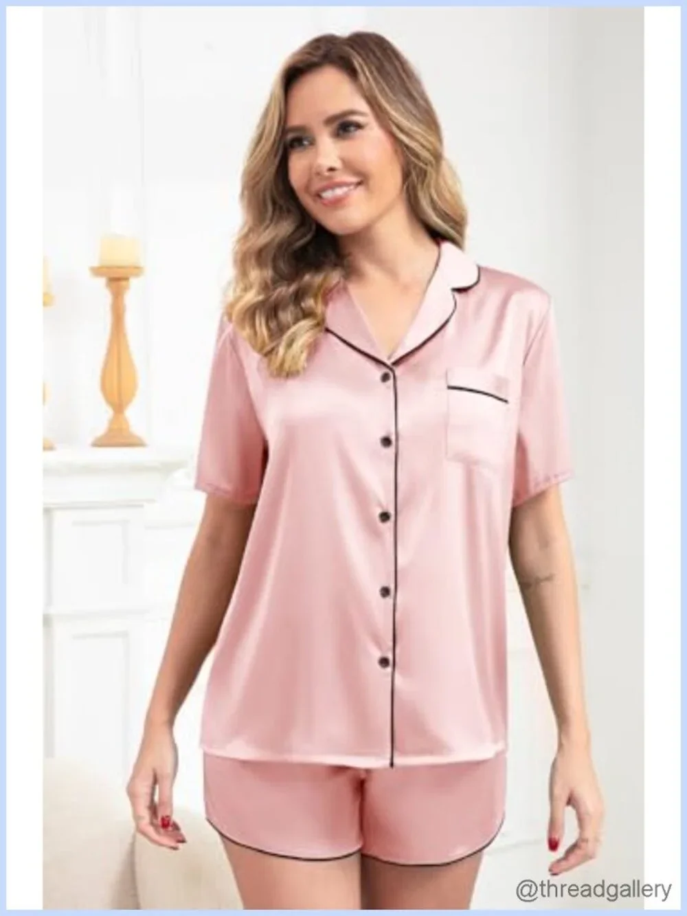Women's Satin Pajama Set Button-Down Top Elastic Waist Shorts Loungewear